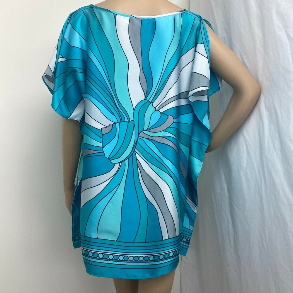 "MICHAEL KORS" TURQUOISE ARTSY GEOMETRIC  PONCHO TUNIC LONGLINE SILKY TOP SZE: L - Picture 3 of 4